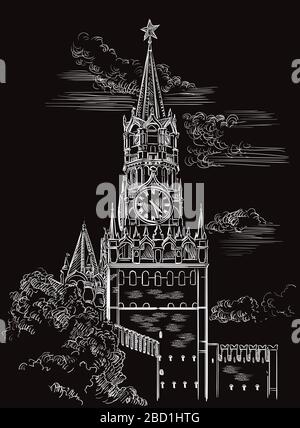 Vector sketch hand drawing illustration of Kremlin Spasskaya tower in Moscow, Russia. Vertical isolated illustration in white color on black backgroun Stock Vector