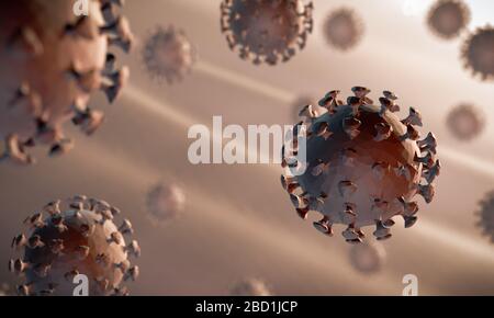 Illustration of coronavirus cells, on a micro scale, low poly 3D macro render image of viruses. Stock Photo