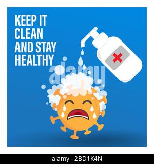 Washing the crying coronavirus illustration with blue background. Keep it clean and stay helathy. Desease prevention. Advice for public Stock Vector