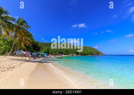 Saltwhistle Bay, beautiful white sand beach, turquoise sea, palm trees, Mayreau, Grenadines, St. Vincent and The Grenadines, Caribbean Stock Photo