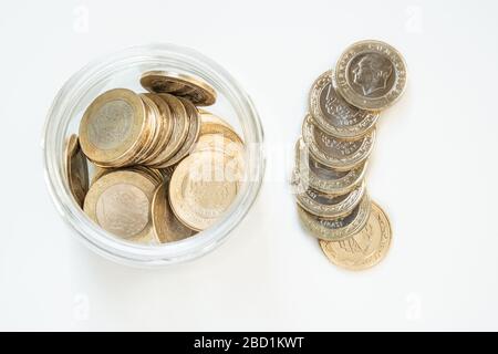 Top view of 1 Turkish Lira (TRY) coins in a jar on isolated on white background. Money growth and deposit accumulation concept. Stock Photo