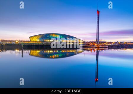 The Science Museum and Glasgow Tower at dusk, River Clyde, Glasgow, Scotland, United Kingdom, Europe