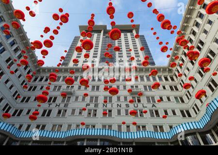Lanterns outside Peninsula Hotel, Tsim Sha Tsui, Kowloon, Hong Kong, China, Asia Stock Photo