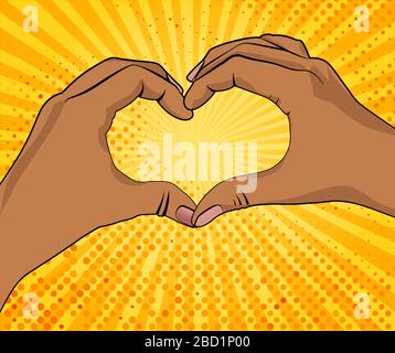 Hands of black woman in heart shape on rays bright yellow background as pop art style. Template for inscriptions. Vector illustration Stock Vector