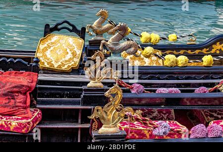 Close up of  the interior of a  Venetian gondola on The Grand Canal ,Venice,Italy Stock Photo