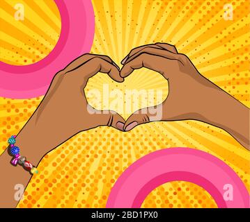 Hands of black woman in heart shape on rays bright yellow background as pop art style. Template for inscriptions. Hand with bracelet Stock Vector