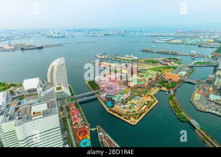 Aerial view of Yokohama Cityscape and skyline at Minato Mirai waterfront district from viewing platform of Landmark Tower, Yokohama, Japan Stock Photo