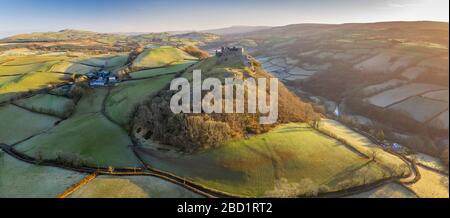 Aerial vista by drone of Carreg Cennen Castle, Brecon Beacons National Park, Carmarthenshire, Wales, United Kingdom, Europe Stock Photo