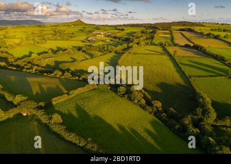 Aerial view by drone of rolling countryside near Brentor, Devon, England, United Kingdom, Europe Stock Photo