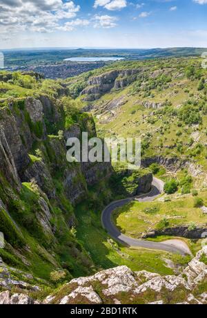 Aerial view by drone of Cheddar Gorge on a sunny day, Somerset, England, United Kingdom, Europe Stock Photo