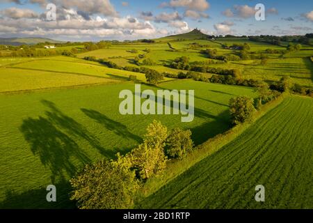 Aerial view by drone of beautiful rolling countryside near Brentor, Devon, England, United Kingdom, Europe Stock Photo