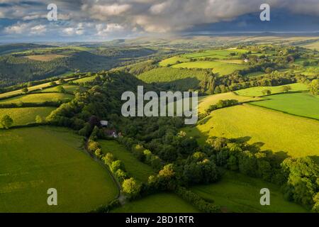 Aerial view by drone of rolling countryside near Brentor in Devon, England, United Kingdom, Europe Stock Photo