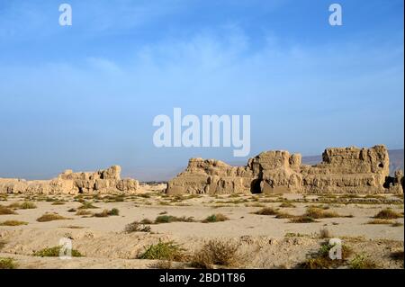 Ruined ancient Silk Road oasis city of Gaochang, Taklamakan desert, Xinjiang, China, Asia Stock Photo