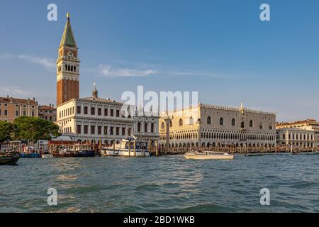 St Mark's Campanile or bell tower and  The Doges Palace from The Grand Canal ,Venice,Italy Stock Photo