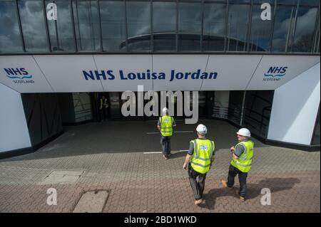 **EMBARGOED UNTIL 00.01 TUESDAY 7 APRIL** Glasgow, UK. 7th Apr, 2020. Pictured: Exterior views of the new NHS Louisa Jordan hospital being constructed at the Scottish Events Campus (SEC) in Glasgow. Over 400 contractors are working alongside nearly 150 NHS Scotland clinicians and operational staff to establish the new NHS Louisa Jordan. It will provide an initial 300 beds to help safeguard Scotland's NHS during the coronavirus (COVID-19) outbreak. Credit: Colin Fisher/Alamy Live News Stock Photo