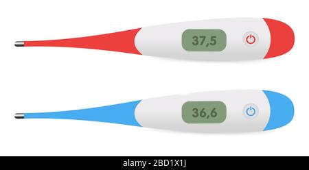 Realistic 3d electronic medical thermometer with shadow top view isolated on white background. Digital device icon showing 36.6 degrees Celsius Stock Vector