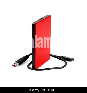 External red hard disk drive with a usb cable isolated on white. Portable 2.5 inches HDD. Stock Photo