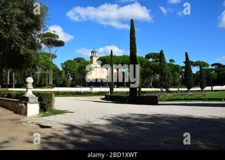 Casina dell'Orologio and Piazza di Siena in the Villa Borghese Park in the city of Rome, Italy Stock Photo