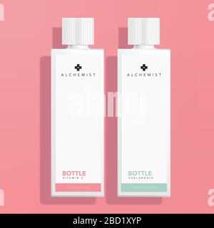 Vector Drugs Medicated Skincare Supplement Medical White Tall Bottle Ribbed Cap Healthcare Therapy in Pink Background Stock Vector