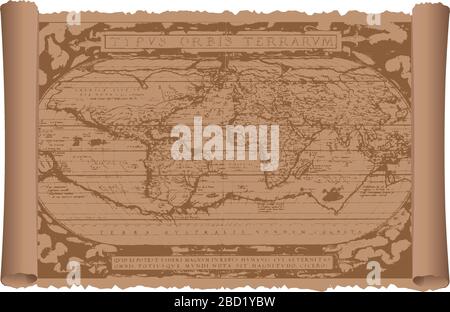Old world map on the vintage scroll paper. flat vector illustration. Stock Vector