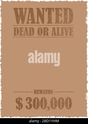 Grunged wanted paper template vector illustration. American Old West. Stock Vector