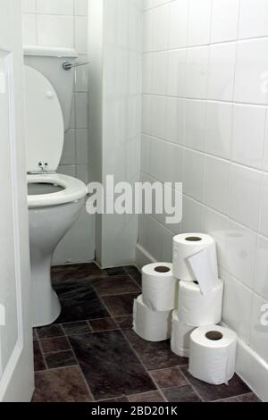 Rolls of toilet paper in a tiled bathroom Stock Photo