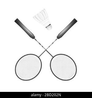 Shuttlecock and black racket. Badminton - sport equipment. Vector illustration isolated on white background Stock Vector