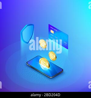 Mobile phone and falling gold coin credit card and shield concept of banking online or deposit money isometric banner. Security of banking account or Stock Vector