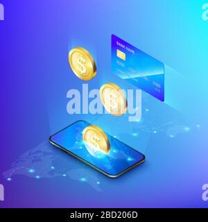 Mobile phone and falling gold coin credit card. concept of banking online or deposit money isometric banner. Global payment service. Vector Stock Vector