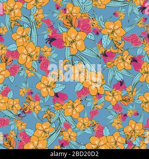 bright orchids floral tropical seamless vector pattern Stock Vector