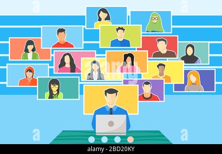 Remote Teaching Online College Class. Learn, Stay, Study or Work from Home WFH During COVID19 University School Course Teleconference Video Conference Stock Vector