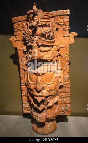 Censer stand, 7th-8th cent, from Templo de la Cruz Foliada, exhibition at Palenque archaeological site, Chiapas, Mexico Stock Photo