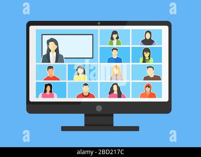 Online Class. Stay School Learn Study from Home via Teleconference or Video Conference Call During Coronavirus COVID-19 Pandemic College Course Stock Vector