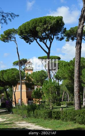 Casina dell'Orologio and Piazza di Siena in the Villa Borghese Park in the city of Rome, Italy Stock Photo