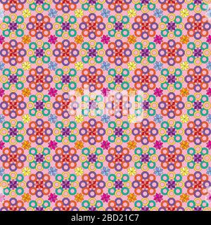 seamless abstract floral pattern. simple and modern geomatric leaf vector illustration. multicolor flowers and circles. red background. Stock Photo