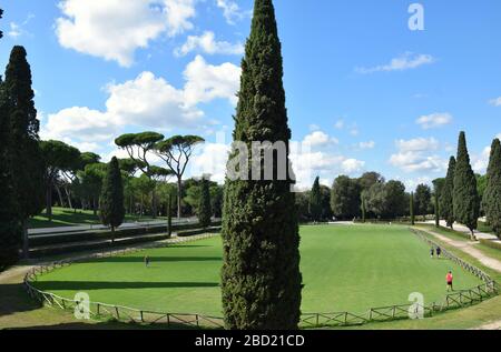 Casina dell'Orologio and Piazza di Siena in the Villa Borghese Park in the city of Rome, Italy Stock Photo