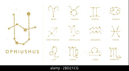 Vector golden and glitter horoscope signs and constellation. Zodiac celestial signs, stylized as shiny sparkle line and dots. Cancer, gemini and other Stock Vector