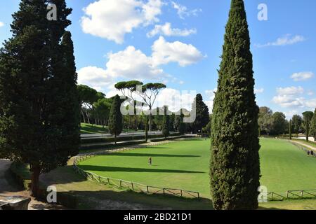 Casina dell'Orologio and Piazza di Siena in the Villa Borghese Park in the city of Rome, Italy Stock Photo