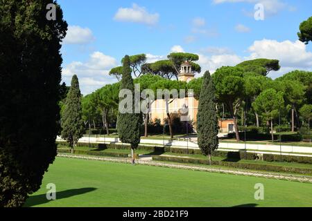 Casina dell'Orologio and Piazza di Siena in the Villa Borghese Park in the city of Rome, Italy Stock Photo