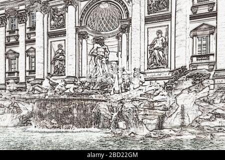 The Trevi Fountain is 26 meters high and 50 meters wide. It is the largest fountain in Rome, Lazio, Italy, Europe Stock Photo