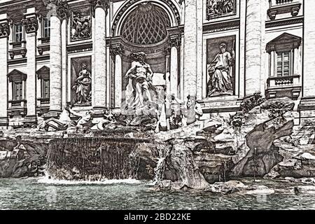 The Trevi Fountain is 26 meters high and 50 meters wide. It is the largest fountain in Rome, Lazio, Italy, Europe Stock Photo