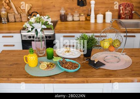 Kitchen counter with food at Easter. Easter concept. Stock Photo
