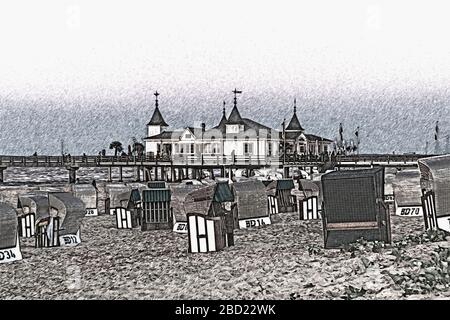 The Ahlbeck pier is a pier on the Baltic Sea, built in 1882, Ahlbeck, Usedom Island, Mecklenburg-Western Pomerania, Germany, Europe Stock Photo