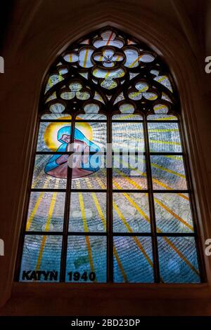 Stained glass window commemorating the massacre of Polish troops in Katyn in 1940, St. Elizabeth's Church, Wroclaw, Poland Stock Photo