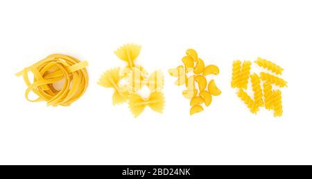 Some kind of Pasta, variations of Italian pasta isolated on white background Stock Photo
