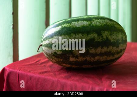 A long watermelon on a table top, Cartagena de Indias, Colombia. Stock Photo