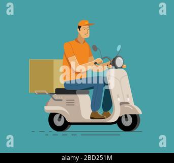 Courier rides on scooter. Delivery vector illustration Stock Vector