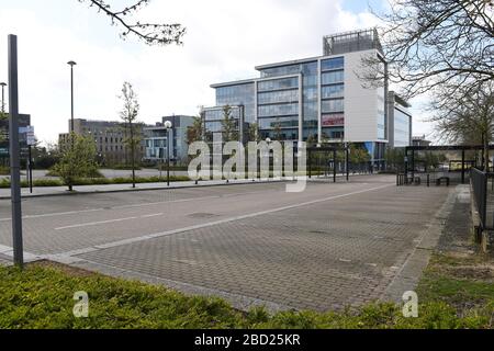 Central Milton Keynes Buildings Snow Dome Outdoor Market  Blossom Reflections on glass centre  Signage Corona Virus Covid 19 Grid system Stock Photo