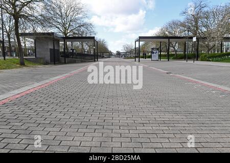 Central Milton Keynes Buildings Snow Dome Outdoor Market  Blossom Reflections on glass centre  Signage Corona Virus Covid 19 Grid system Stock Photo