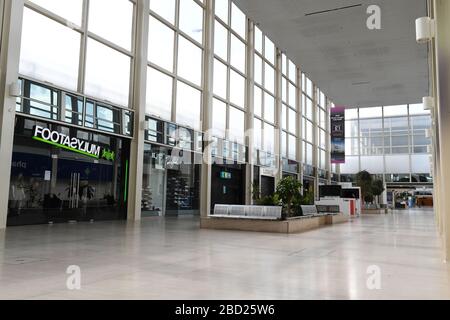 Central Milton Keynes Buildings Snow Dome Outdoor Market  Blossom Reflections on glass centre  Signage Corona Virus Covid 19 Grid system Stock Photo